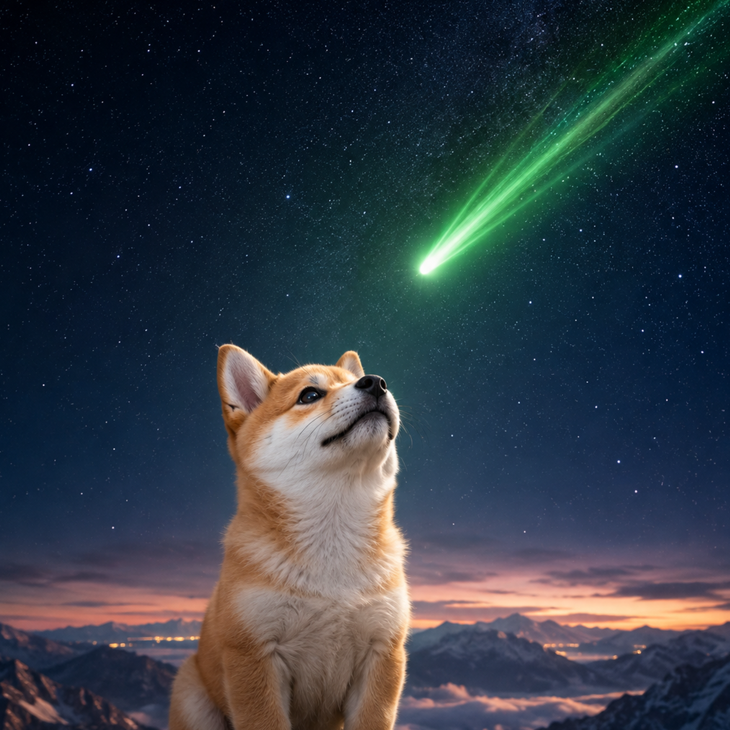 Shiba Inu watching a green meteor cross the night sky