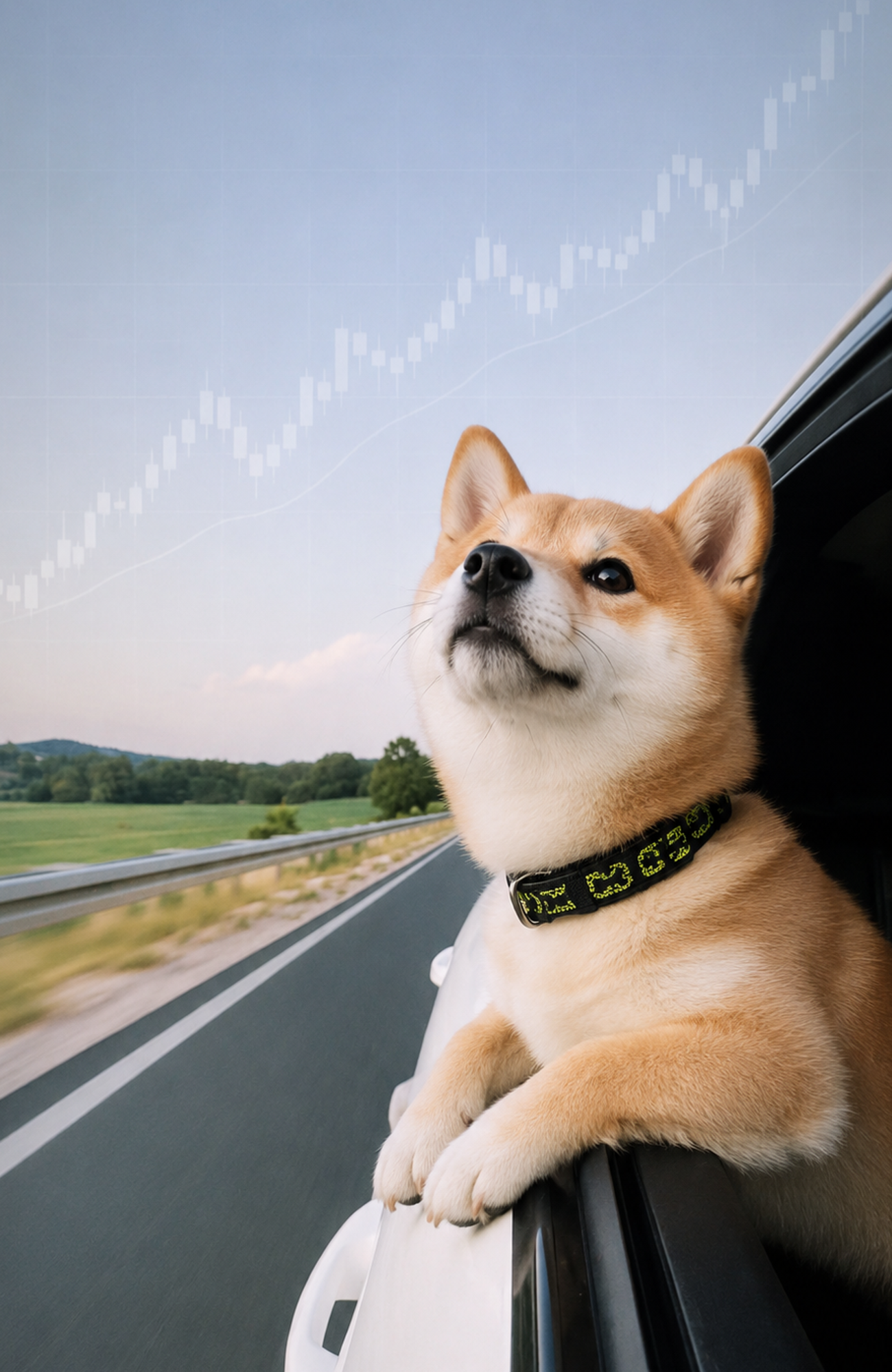 Shiba Inu riding beside a rising market chart